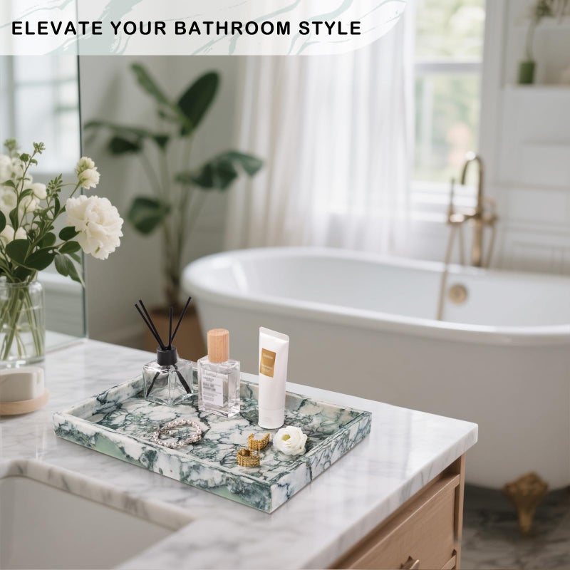 Homaura Marble Bathroom Tray for Countertop & Home Decor, Natural Decorative Marble Tray for Jewelry & Perfume Organizer, Luxury Stone Vanity Trays for Dresser, Kitchen Counter, 12" x 8", Jade Green - Image 4