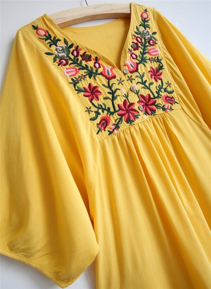Kafeimali Women's Summer Mini Dress Bohemian Embroidery Tunic Shift Blouse (Yellow) - Image 5