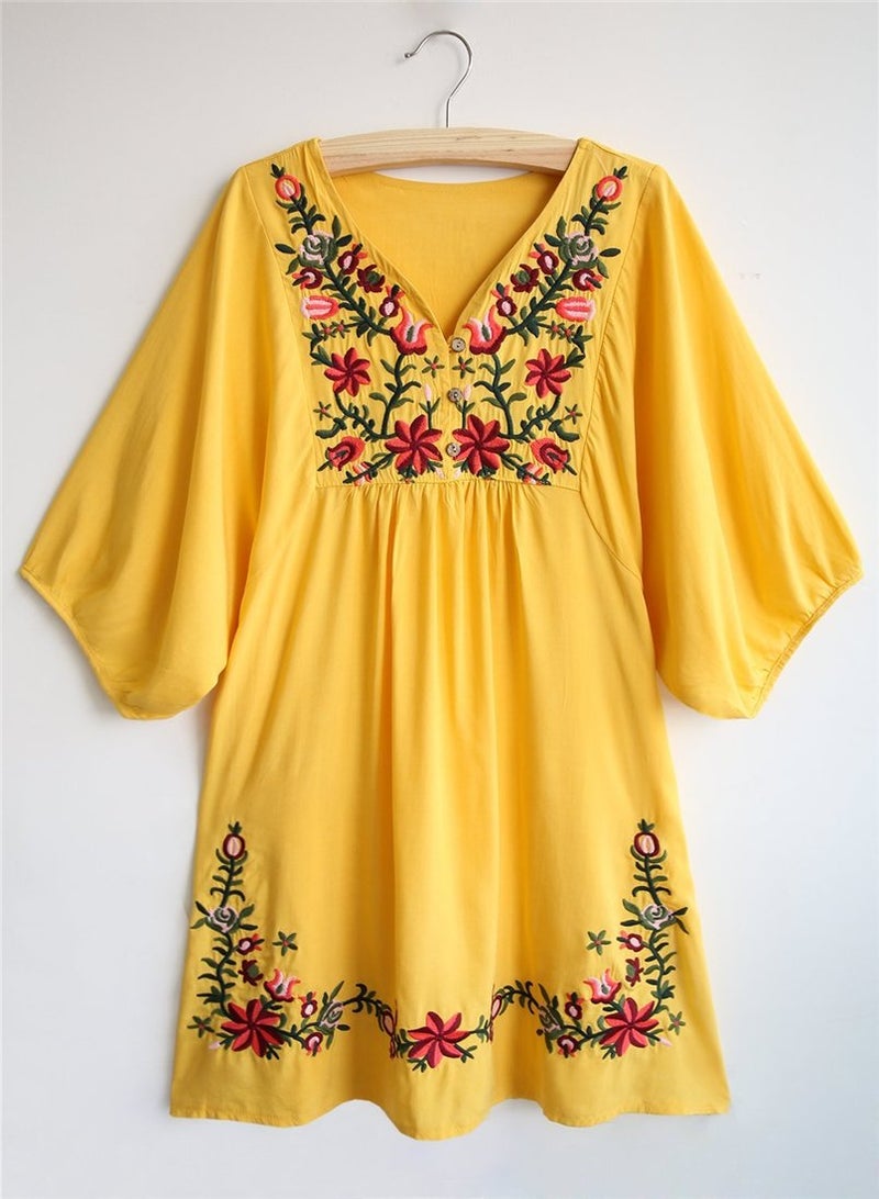 Kafeimali Women's Summer Mini Dress Bohemian Embroidery Tunic Shift Blouse (Yellow) - Image 3