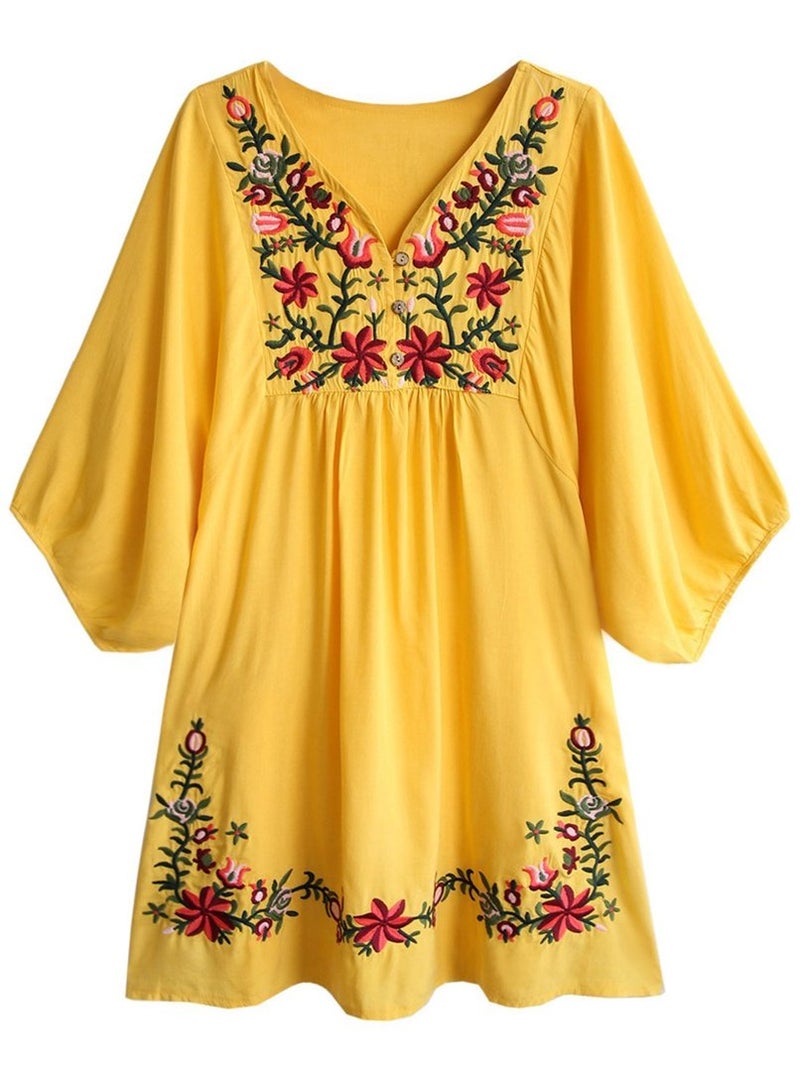 Kafeimali Women's Summer Mini Dress Bohemian Embroidery Tunic Shift Blouse (Yellow) - Image 1