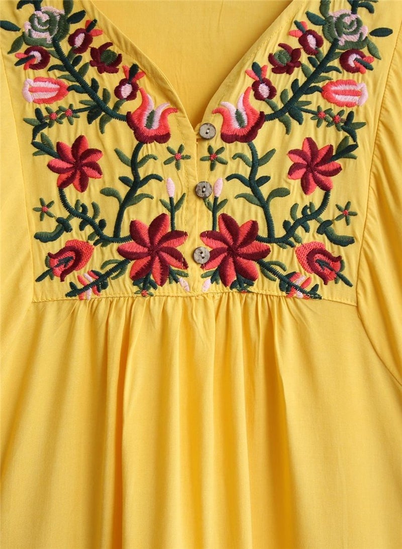 Kafeimali Women's Summer Mini Dress Bohemian Embroidery Tunic Shift Blouse (Yellow) - Image 4