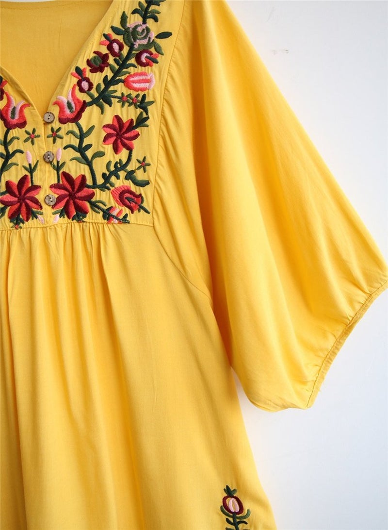 Kafeimali Women's Summer Mini Dress Bohemian Embroidery Tunic Shift Blouse (Yellow) - Image 2
