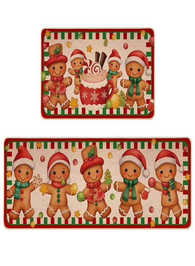 Siilues Christmas Kitchen Mat Set of 2, Non-Slip Gingerbread Christmas Kitchen Rugs for Floor Seasonal Winter Home Decor Low-Profile - 17x29 and 17x47 Inch - Image 1