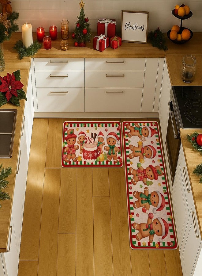 Siilues Christmas Kitchen Mat Set of 2, Non-Slip Gingerbread Christmas Kitchen Rugs for Floor Seasonal Winter Home Decor Low-Profile - 17x29 and 17x47 Inch - Image 2