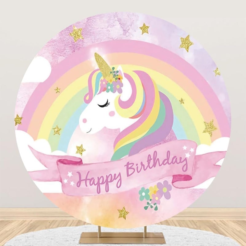 Renaiss 7x7ft Colorful Unicorn Round Backdrop Covers for Photoshoot Kids Girl Portrait Golden Stars Rainbow Circle Photography Background Happy Birthday Party Decors Photo Booth Props Yard Sign - Image 1