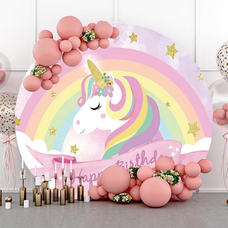 Renaiss 7x7ft Colorful Unicorn Round Backdrop Covers for Photoshoot Kids Girl Portrait Golden Stars Rainbow Circle Photography Background Happy Birthday Party Decors Photo Booth Props Yard Sign - Image 2