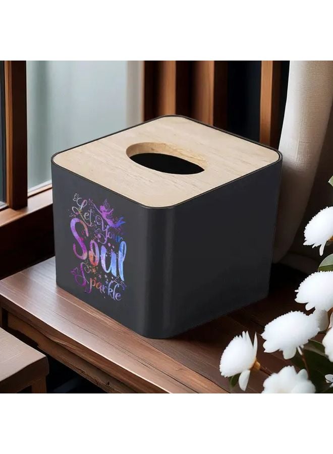Black Modern Plastic Tissue Box With Bamboo Lid Minimalist Square Storage For Bathroom - Image 1