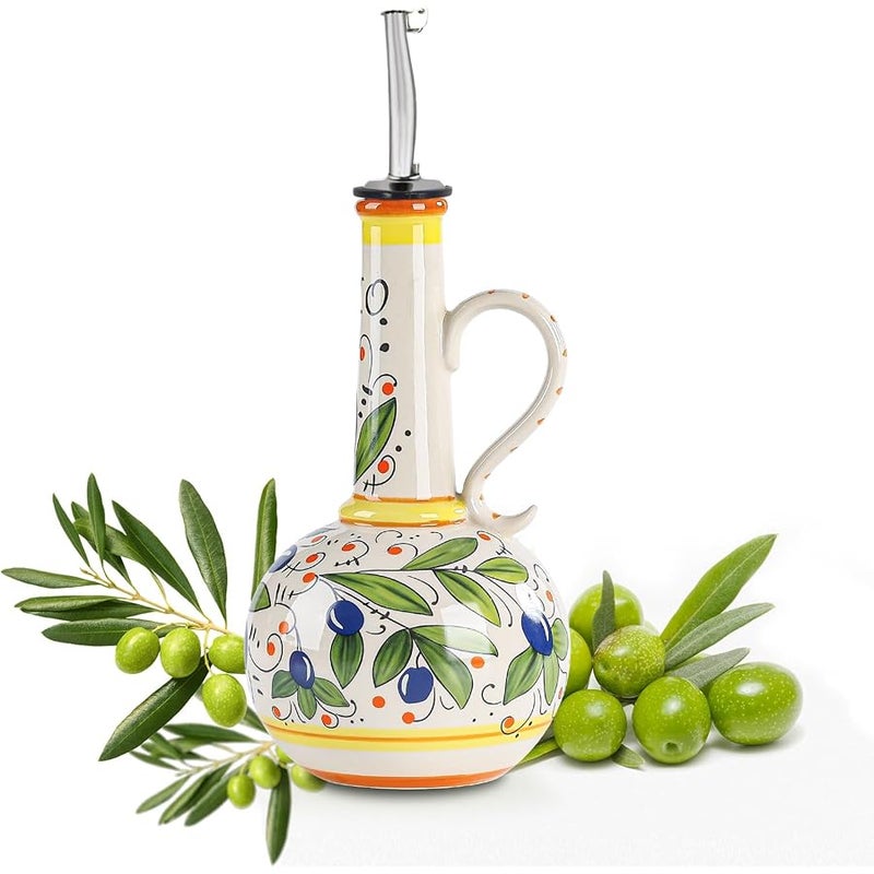 Gnlnkn Olive Oil Dispenser Bottle, Ceramic Hand-Painted Oil Dispenser with Stainless Stell and Silicone Seal Cap, Large Capacity 400ml Oil and Vinegar Syrups Bottles Dispenser for Kitchen(Rural) - Image 1