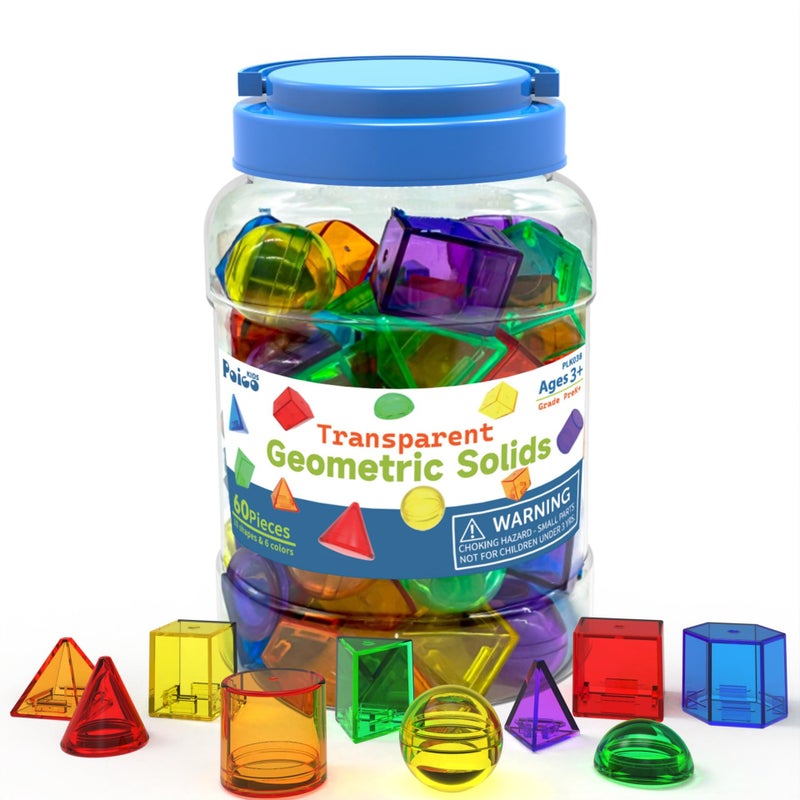 EXBEPE 3D Geometric Solids 60 Pcs for Kids Translucent Geometric Shapes for Geometry BeginningsLight Table Manipulatives Toy Math Helper School Supplies - Image 2