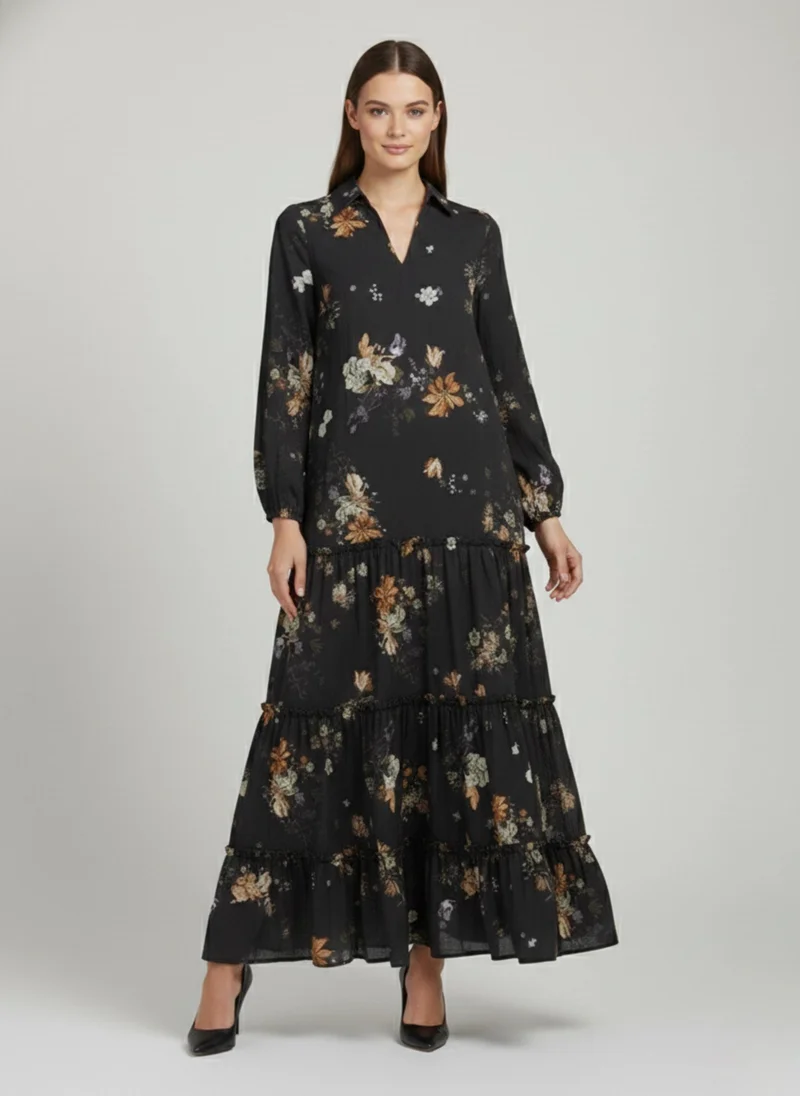 نور Layali Black Tiered Dress