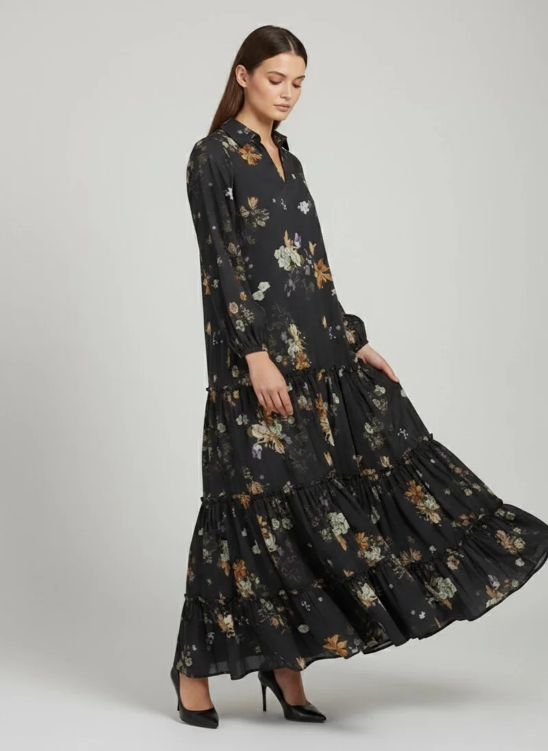 نور Layali Black Tiered Dress
