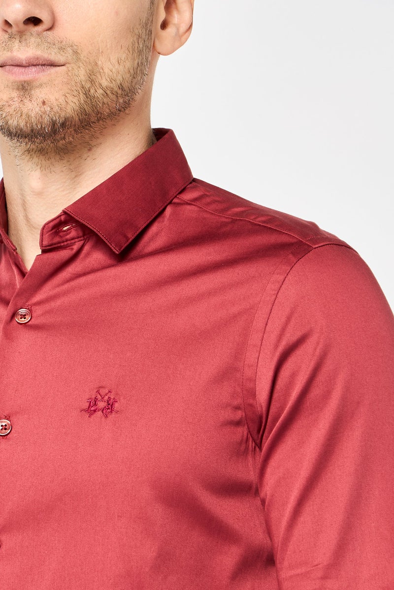 La Martina Men Tailored Fit Long Sleeve Brand Logo Casual Shirt, Maroon - Image 3