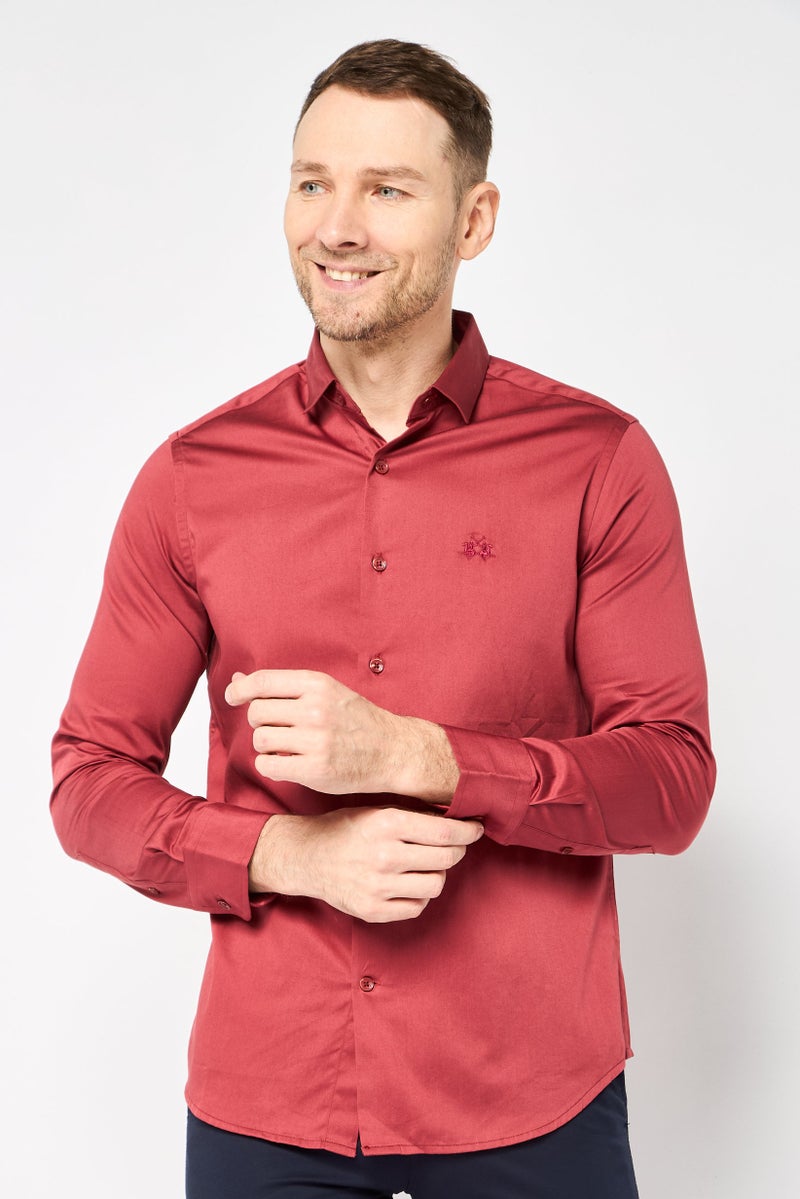 La Martina Men Tailored Fit Long Sleeve Brand Logo Casual Shirt, Maroon - Image 1