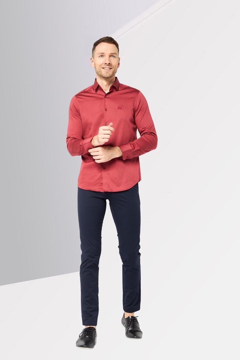 La Martina Men Tailored Fit Long Sleeve Brand Logo Casual Shirt, Maroon - Image 4