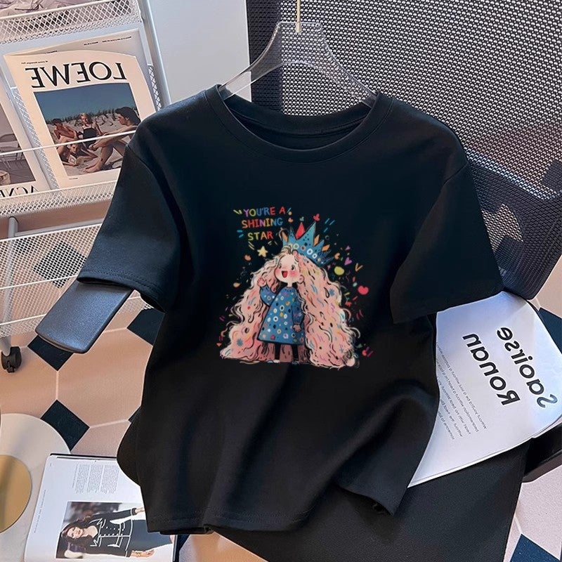 Arrival Loose Round Neck Versatile Printed Pure Cotton Short-Sleeved T-Shirt Women'S Summer Shoulder Half-Sleeved T-Shirt Top Ins - Image 1