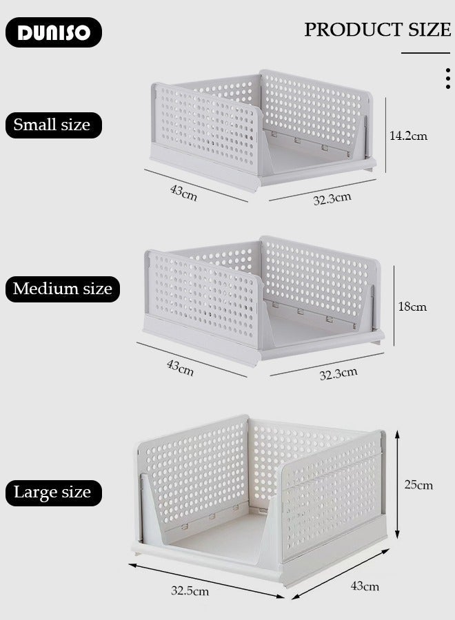 DUNISO 3 Packs Stackable Plastic Storage Basket, Foldable Closet Organizers Storage Bins, Large Drawer Shelf Storage Container for Wardrobe Cupboard Kitchen Bathroom Office - Image 4