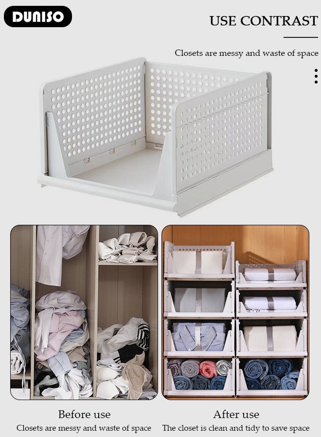 DUNISO 3 Packs Stackable Plastic Storage Basket, Foldable Closet Organizers Storage Bins, Large Drawer Shelf Storage Container for Wardrobe Cupboard Kitchen Bathroom Office - Image 3