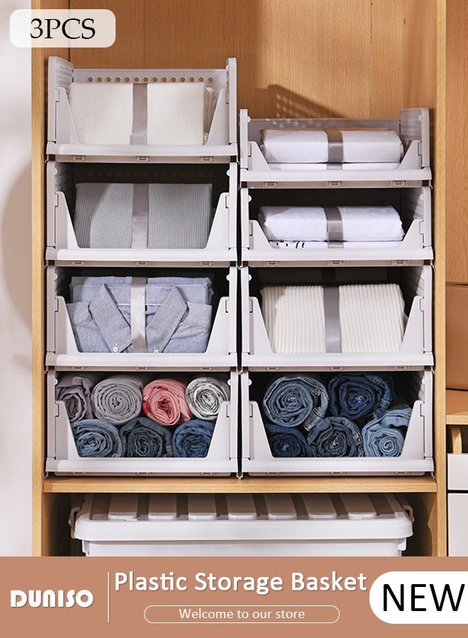 DUNISO 3 Packs Stackable Plastic Storage Basket, Foldable Closet Organizers Storage Bins, Large Drawer Shelf Storage Container for Wardrobe Cupboard Kitchen Bathroom Office - Image 1