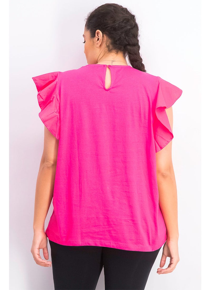 Tchibo بلوزة نسائية بأكمام متطايرة و ياقة دائرية، وردي - Image 5