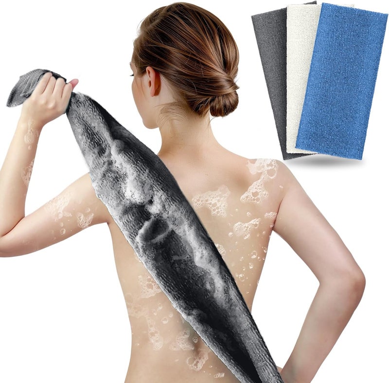 ARCH&M Exfoliating Back Scrubber & Body Washcloth (3 Pack), 35-Inch Japanese Exfoliation Towel for Shower, Deep Cleansing Nylon Beauty Cloth for Smooth Skin (Black Off-White Navy-Blue) - Image 1