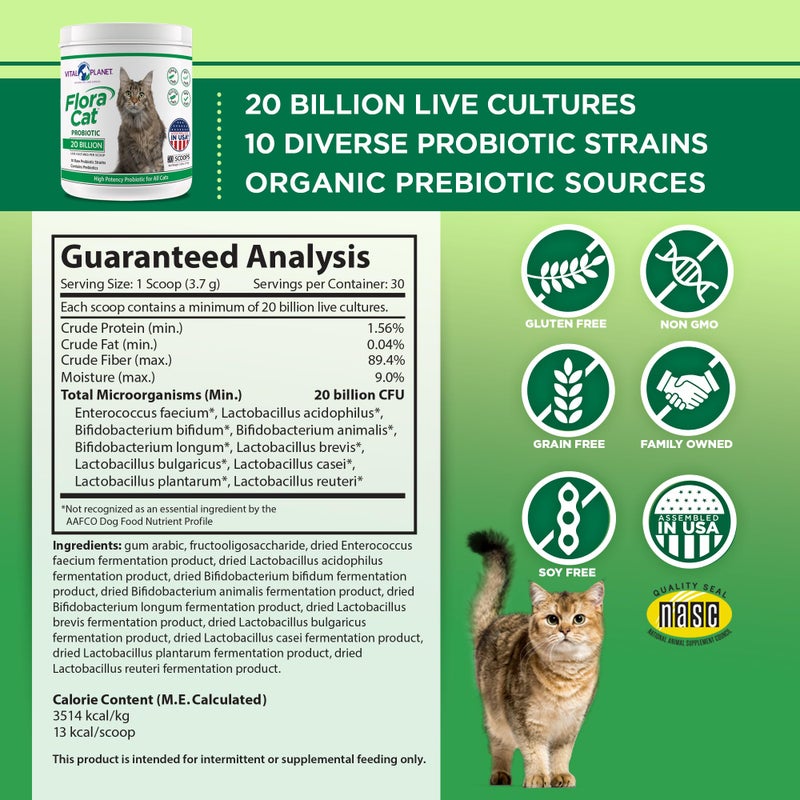 Vital Planet - Flora Cat Probiotic Powder Supplement with 20 Billion Cultures and 10 Diverse Strains High Potency Probiotics for All Cats for Feline Digestive and Immune Support 30 Scoops 3.92 oz - Image 2