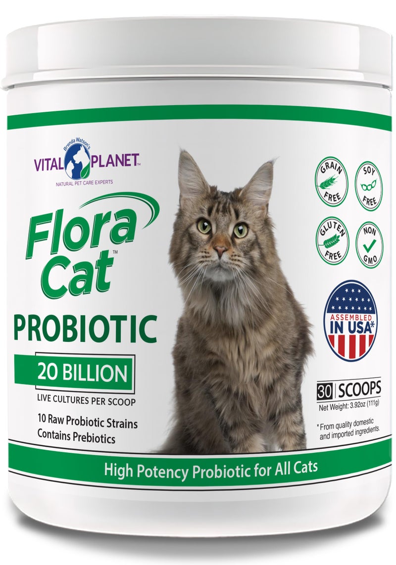 Vital Planet - Flora Cat Probiotic Powder Supplement with 20 Billion Cultures and 10 Diverse Strains High Potency Probiotics for All Cats for Feline Digestive and Immune Support 30 Scoops 3.92 oz - Image 1