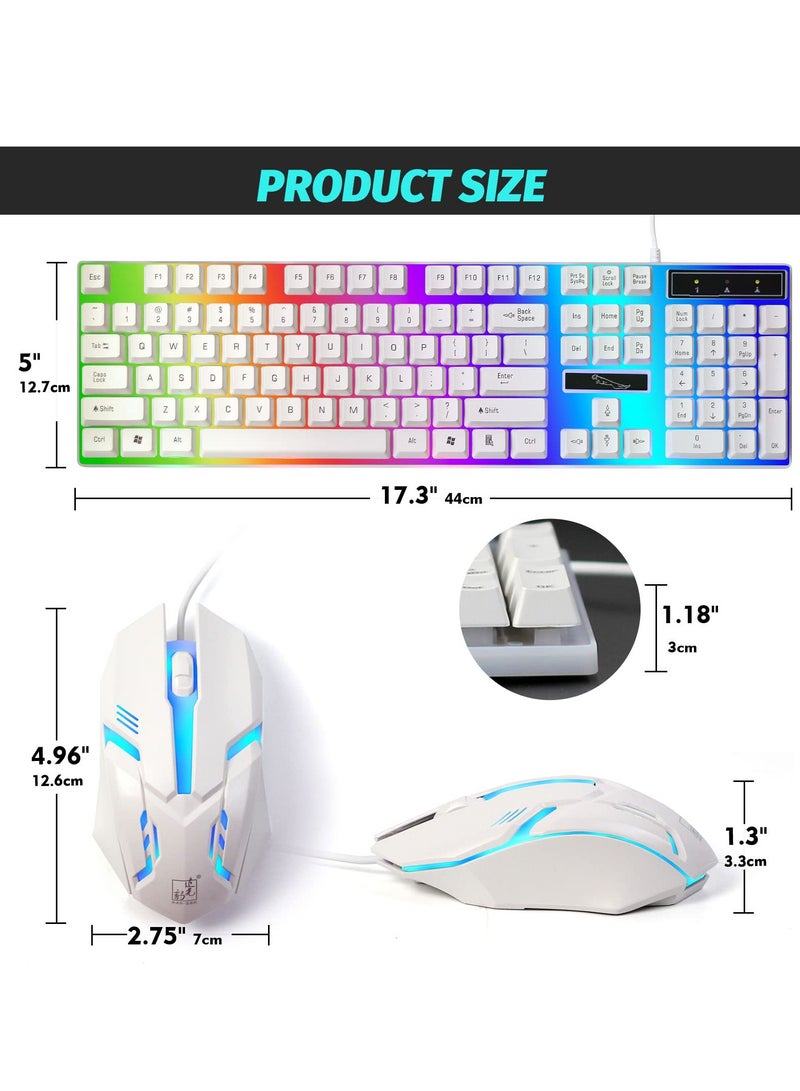 G21 Computer Gaming Keyboard and Mouse Combo :Keyboard with Flexible Polychromatic LED Lights Mechanical Feel Wired USB Working Keyboard Mouse Set for Window Computer White