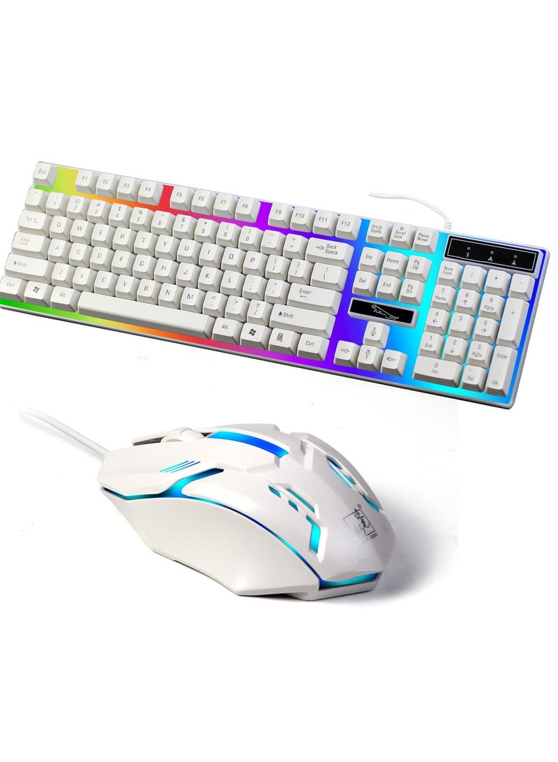 G21 Computer Gaming Keyboard and Mouse Combo :Keyboard with Flexible Polychromatic LED Lights Mechanical Feel Wired USB Working Keyboard Mouse Set for Window Computer White