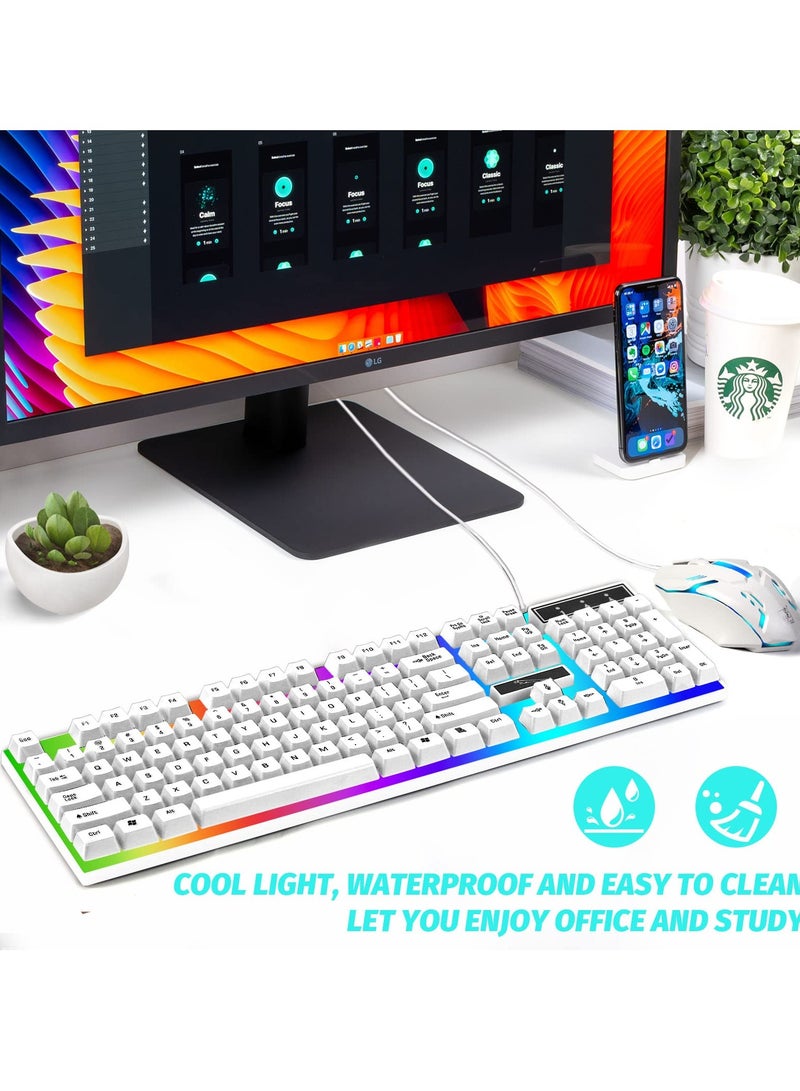 G21 Computer Gaming Keyboard and Mouse Combo :Keyboard with Flexible Polychromatic LED Lights Mechanical Feel Wired USB Working Keyboard Mouse Set for Window Computer White