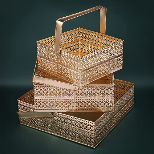 ekysa dekor Metal Sheet Multipurpose Hamper Fancy Oval Basket/Tray/Platter Box With Movable Handles (Set Of 3) For Packing, Gifting, Decoration - Golden (8 * 4, 10 * 4, 12 * 4 Inch) - Image 1