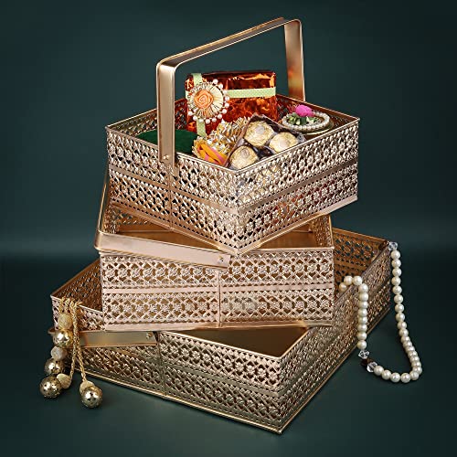 ekysa dekor Metal Sheet Multipurpose Hamper Fancy Oval Basket/Tray/Platter Box With Movable Handles (Set Of 3) For Packing, Gifting, Decoration - Golden (8 * 4, 10 * 4, 12 * 4 Inch) - Image 4