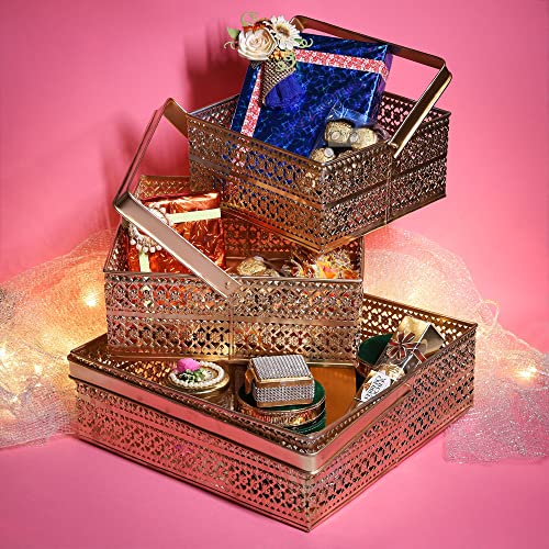 ekysa dekor Metal Sheet Multipurpose Hamper Fancy Oval Basket/Tray/Platter Box With Movable Handles (Set Of 3) For Packing, Gifting, Decoration - Golden (8 * 4, 10 * 4, 12 * 4 Inch) - Image 2