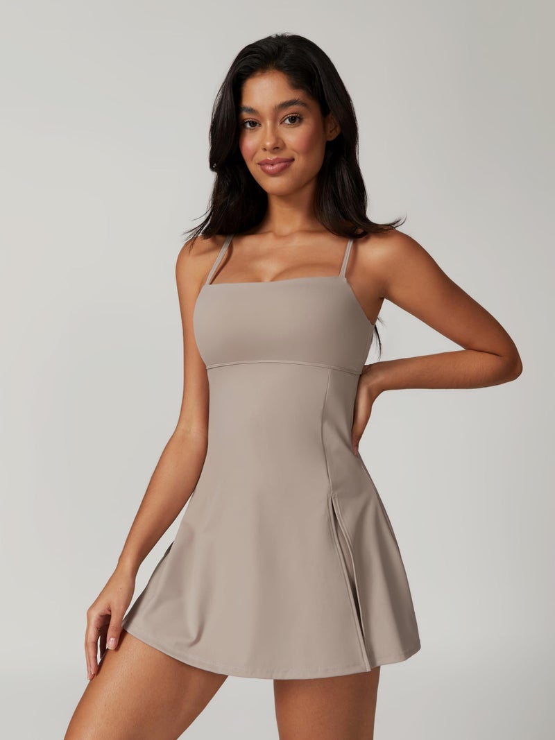 ABOCIW Women's Tennis Dress with Built-in Bra & Shorts Pockets - Summer Exercise Golf Dress, Spaghetti Strap, Backless, Tan, Small - Image 4