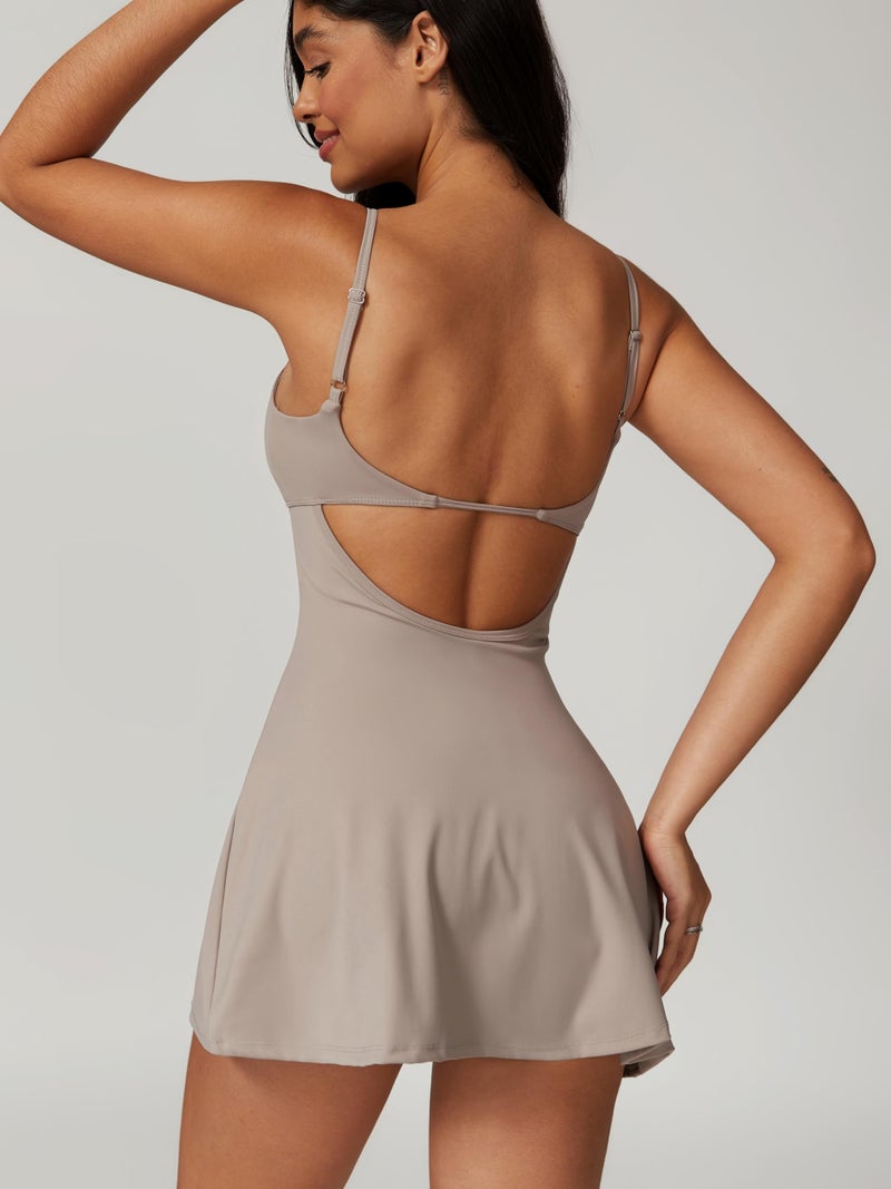 ABOCIW Women's Tennis Dress with Built-in Bra & Shorts Pockets - Summer Exercise Golf Dress, Spaghetti Strap, Backless, Tan, Small - Image 2