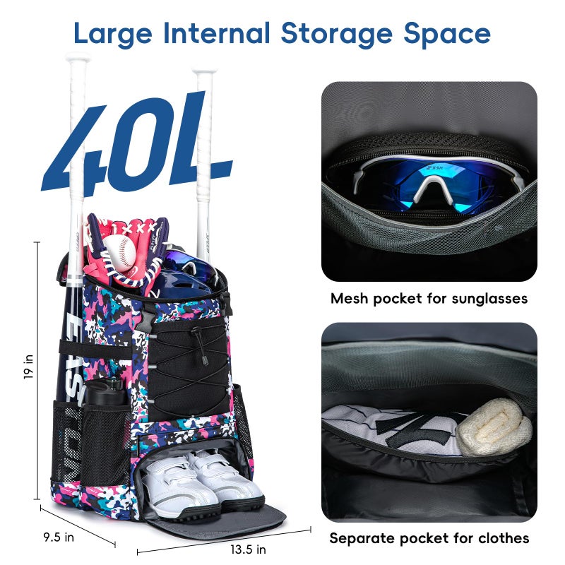 KAVIGOR Baseball Bag for Youth and Adult, Softball Backpack 40L Large Capacity, Bat Backpack with Shoes Compartment and Hidden Helmet Holder - Image 3