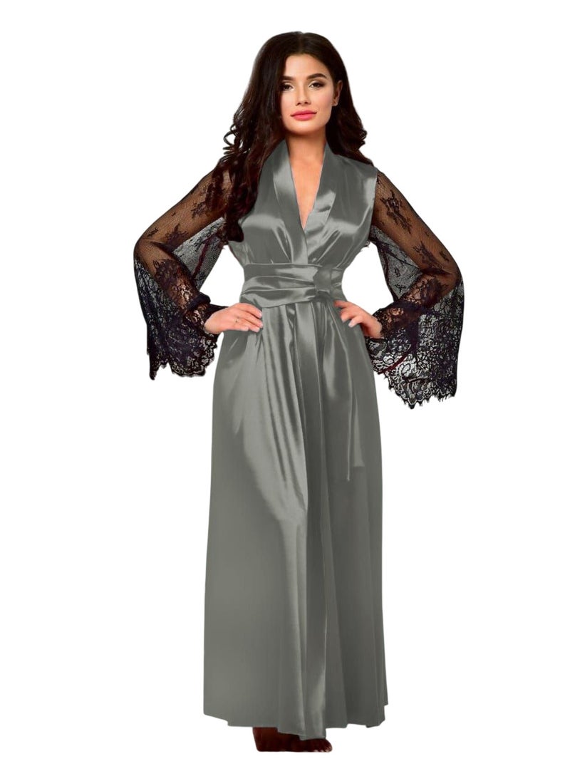 Rancy - Women's Satin Robe with Lace Sleeves - Image 1