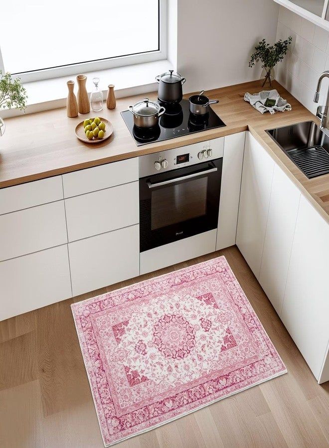 Macgace 2x3 Bright Pink Area Rug for Entryway, Small Washable Rugs with Non-Slip Backing for Girls Bedroom, Cute Vintage Throw Carpet Kitchen Laundry Front Door Decor - Image 3