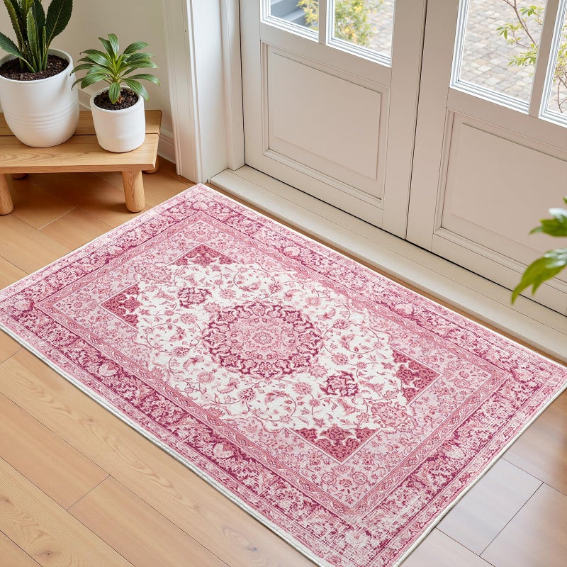 Macgace 2x3 Bright Pink Area Rug for Entryway, Small Washable Rugs with Non-Slip Backing for Girls Bedroom, Cute Vintage Throw Carpet Kitchen Laundry Front Door Decor - Image 1