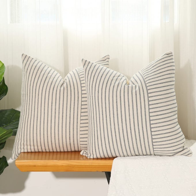 GREY AND BEIGE PATCHWORK FARMHOUSE THROW PILLOW COVERS 20 X 20 INCH PACK OF 2 STRIPED LINEN DECORATIVE PILLOW CASE FOR SOFA COUCH CHAIR BEDROOM MODERN DECOR 20 X 20 GREY