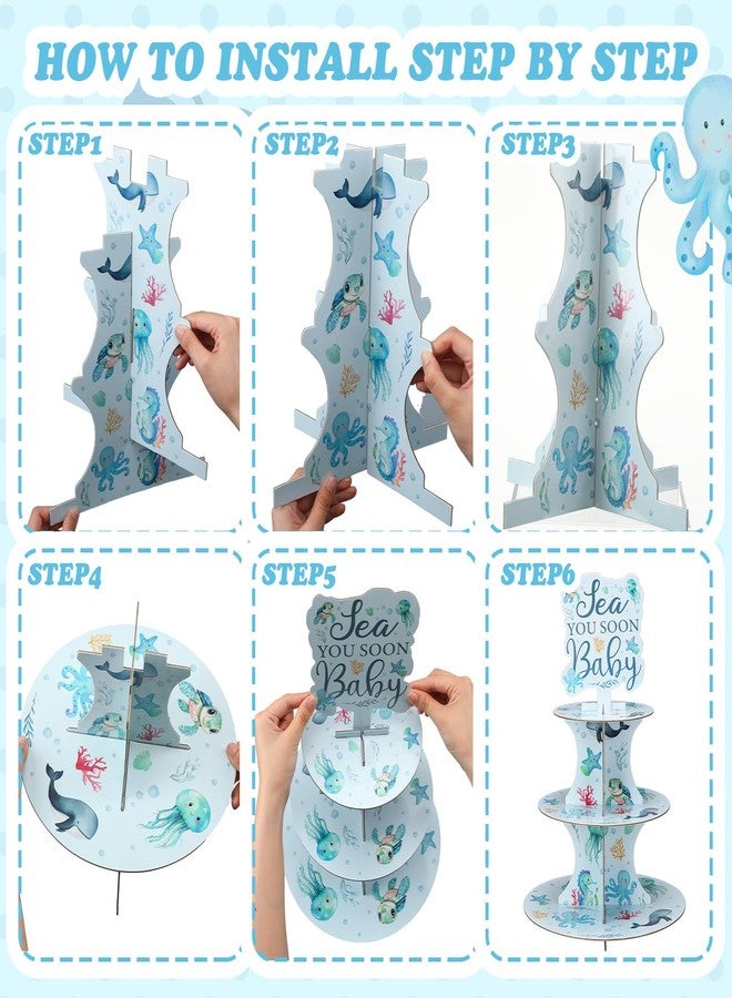 ReliThick Sea You Soon Baby Shower Party Decorations 3 Tier Cupcake Stand Holder Ocean Themed Baby Shower Party Decorations for Sea Welcome Ocean Animals Babies Showers Supplies - Image 4
