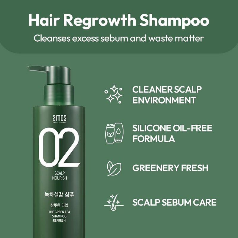 AMOS PROFESSIONAL The Green Tea Shampoo Refresh [For Oily Scalp] 17.6oz (500g) | Anti-Hair Loss Korean Hair Growth Shampoo for Cleanse Excess Sebum - Image 3