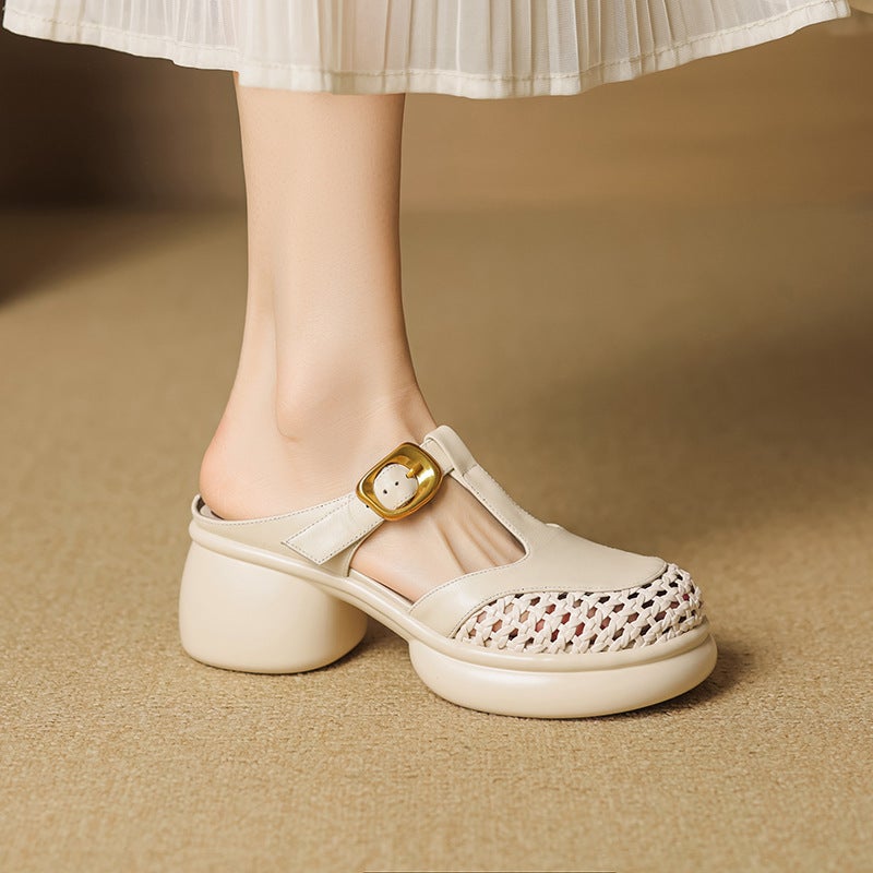 صنادل مغلقة من الأمام على طراز فرنسي للنساء، موضة صيفية خارجية، كعب عريض عالي مجوف من الجلد الطبيعي مع حزام بكلة، صنادل كاجوال - Image 5