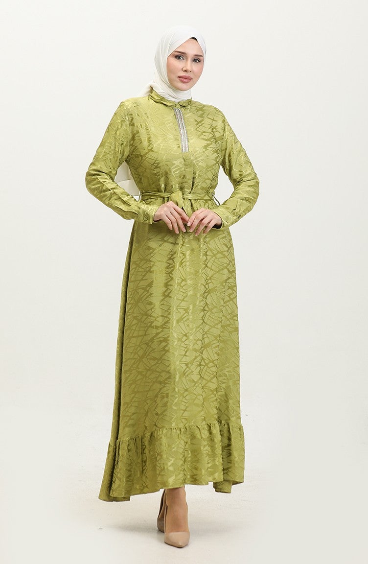 Sefa Merve Shirt Collar Patterned Dress 81854-05 Pistachio Green - Image 2