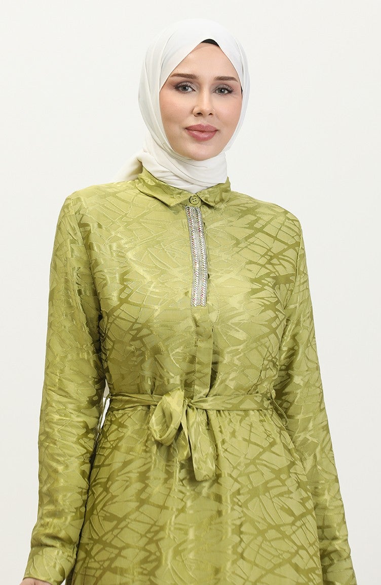 Sefa Merve Shirt Collar Patterned Dress 81854-05 Pistachio Green - Image 3