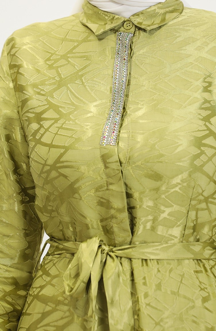 Sefa Merve Shirt Collar Patterned Dress 81854-05 Pistachio Green - Image 4