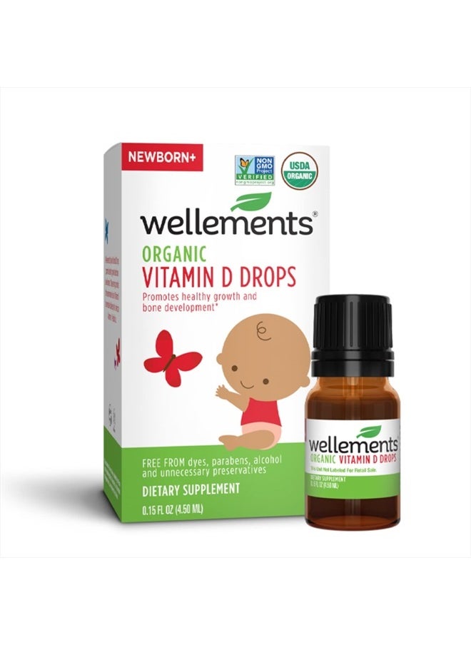 Wellements - Certified Organic Baby Vitamin D Drops | Liquid Vitamin D3 Drops for Infants and Toddlers, Promotes Healthy Growth, Bone Development, 1 Drop Daily, 400 IU per Serving | 0.15 Fl Oz. - Image 1