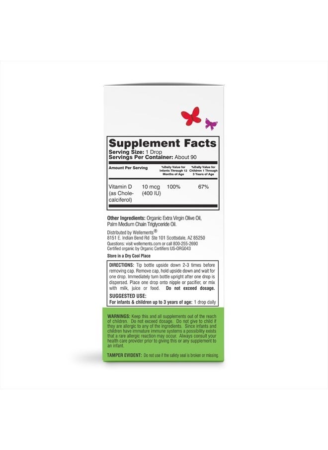 Wellements - Certified Organic Baby Vitamin D Drops | Liquid Vitamin D3 Drops for Infants and Toddlers, Promotes Healthy Growth, Bone Development, 1 Drop Daily, 400 IU per Serving | 0.15 Fl Oz. - Image 1