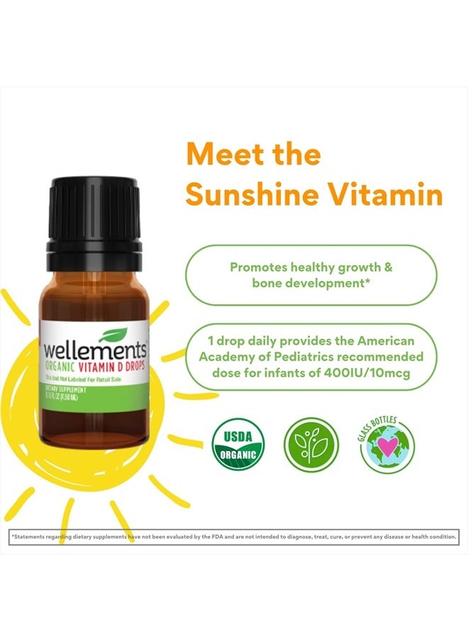 Wellements - Certified Organic Baby Vitamin D Drops | Liquid Vitamin D3 Drops for Infants and Toddlers, Promotes Healthy Growth, Bone Development, 1 Drop Daily, 400 IU per Serving | 0.15 Fl Oz. - Image 1