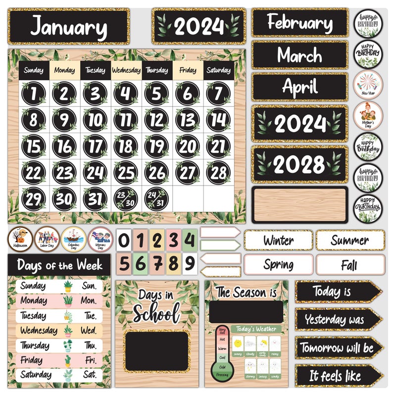 Decorably 155 Pcs Cutouts FarmhouseThemed Classroom Calendar Set Bulletin Board Decorations with Borders GlossLaminated Cardstock for School Hallways Library Study Room