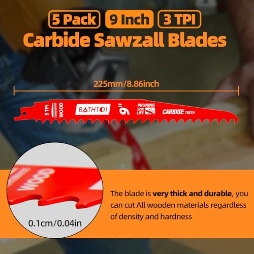 BATHTOI 5 Pack 9 Inch 3 Tpi Carbide Reciprocating Saw Blades for Wood Cutting and Tree Trimming, Pruning Sawzall Blades with Carbide Tipped Teeth for Longer Life and Faster Cutting Speed - Image 5